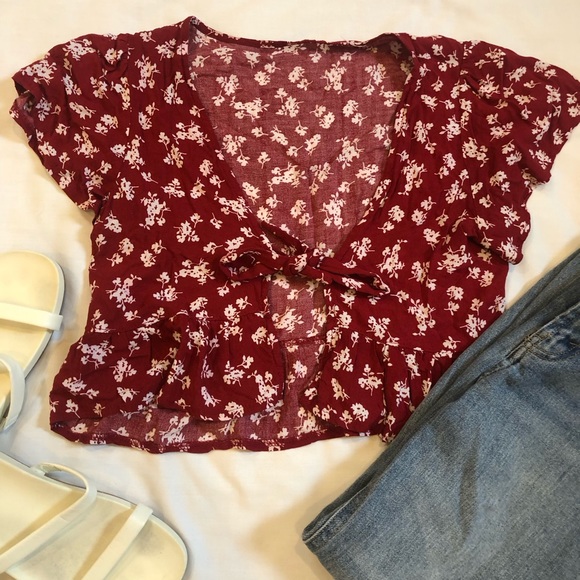 SHEIN Tops - Shein Summer Red & White Floral Tie Front Shirt